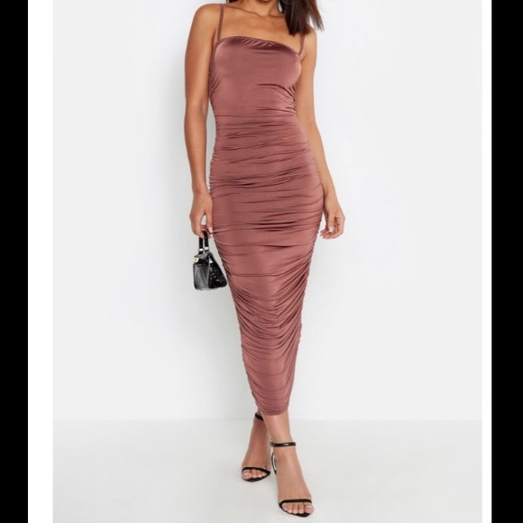 slinky ruched midi dress